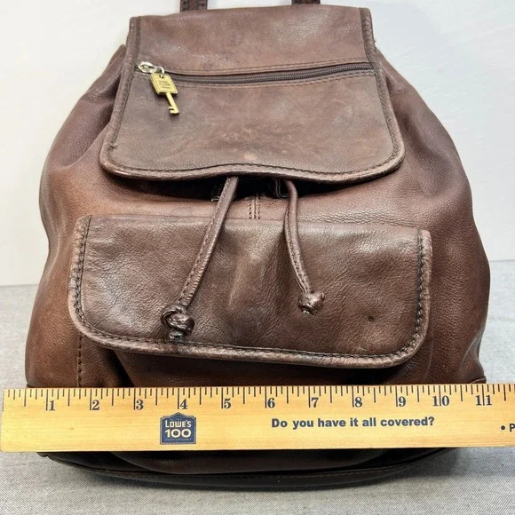 Vintage Fossil 1954 Classic Brown Pebbled Leather Backpack 75082 Brass Key - Picture 12 of 16